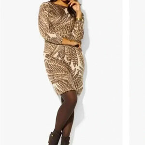 Ralph Lauren Silk & Cashmere Feather Print Boat Neck Midi Sheath Dress(S)